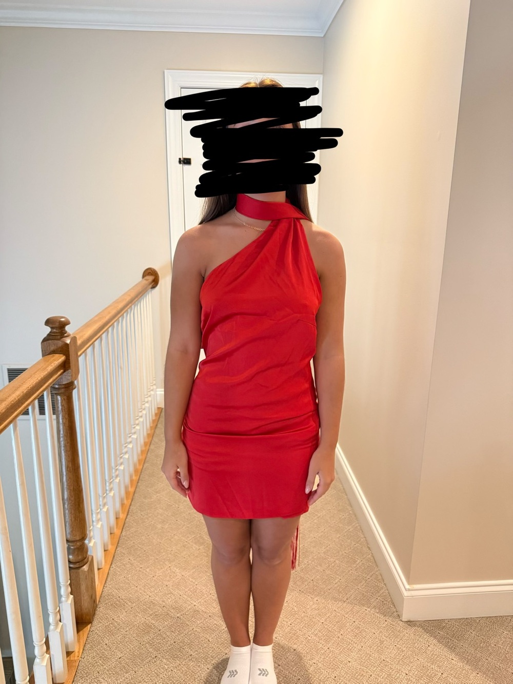 PrettyLittleThing Red One-Shoulder Mini Dress with Neck Wrap